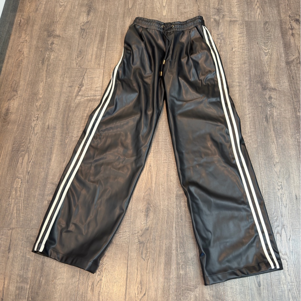 bishop + young Black Faux-Leather Joggers with White Tag Accent